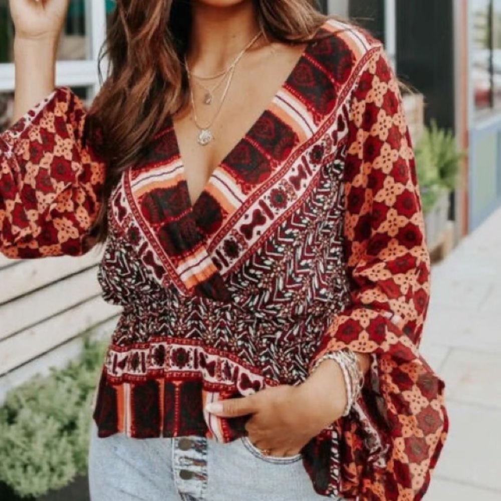 NWT Small Free People Rosalie Wrap Top Bell Sleeves Cinched Waist Coral Combo